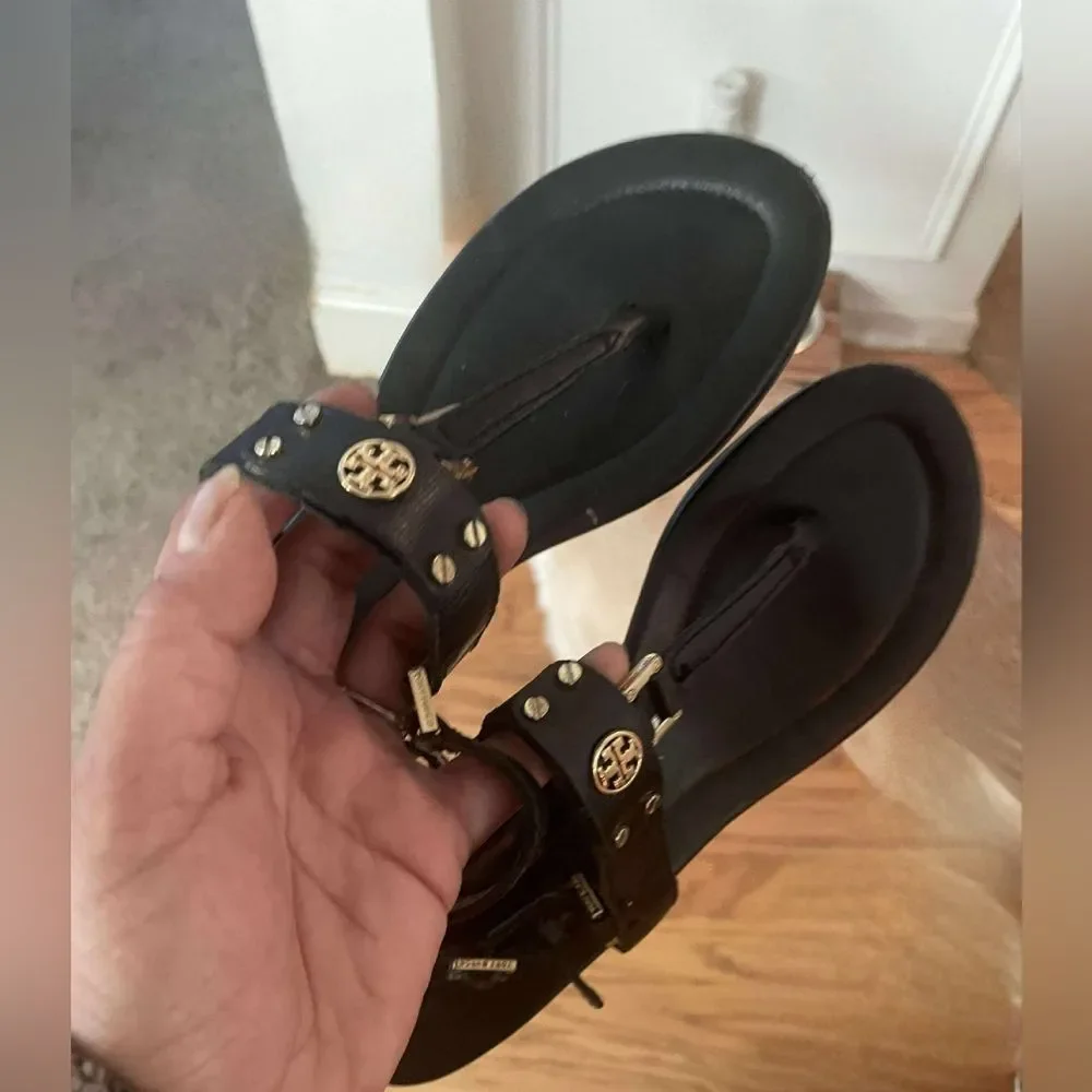 Tory Burch Robinson Demi Wedge Heel Sandal Slingback Black Gold 8.5